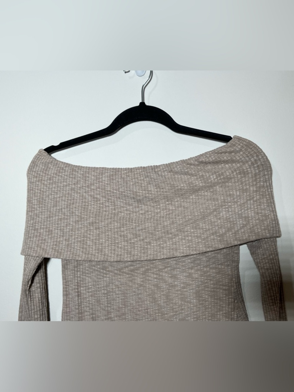 Final Touch Ribbed Off-Shoulder Tunic in Taupe